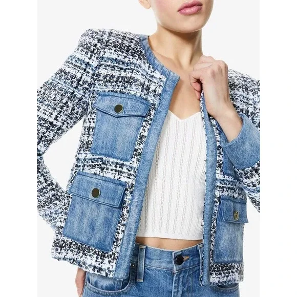 Alice + Olivia Avis Blue Tweed Denim Jean Combo Patch jacket Size Medium - Picture 2 of 16